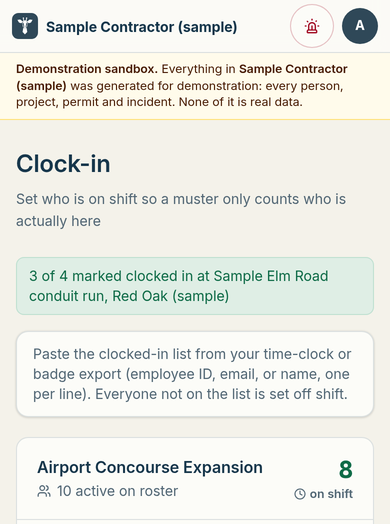 The Clock-in page on a phone: the message 3 of 4 marked clocked in at a sample site, the instruction to paste the clocked-in list, and a site card with 10 active on roster and 8 on shift.