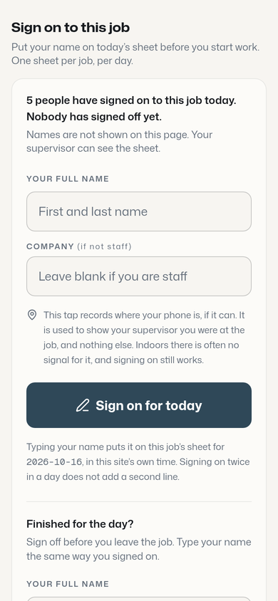 A job's sign-on sheet on a phone: 5 people have signed on today, nobody has signed off, fields for name and company, and a Sign on for today button.