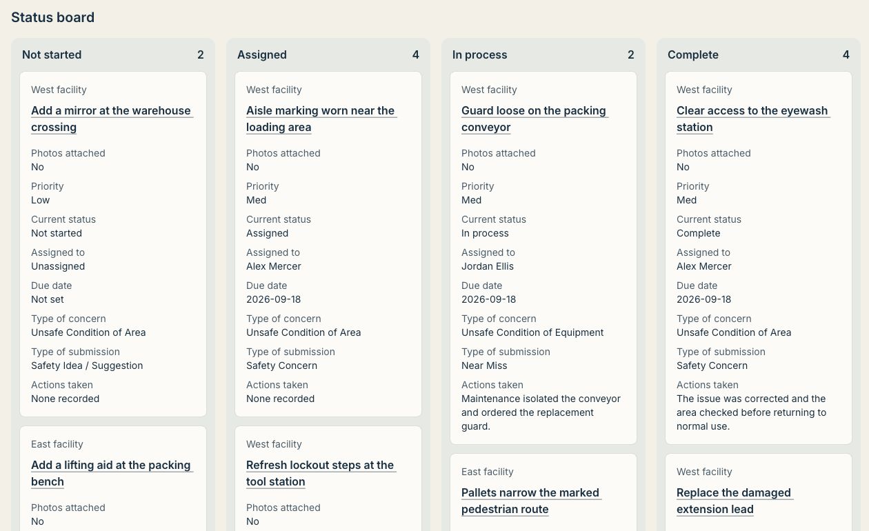 Demonstration safety findings arranged in Not Started, Assigned, In Process and Complete columns, with owners and actions visible.