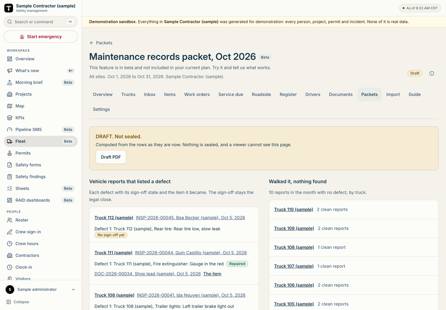 A draft monthly maintenance packet showing sample vehicle reports and sign-off states.