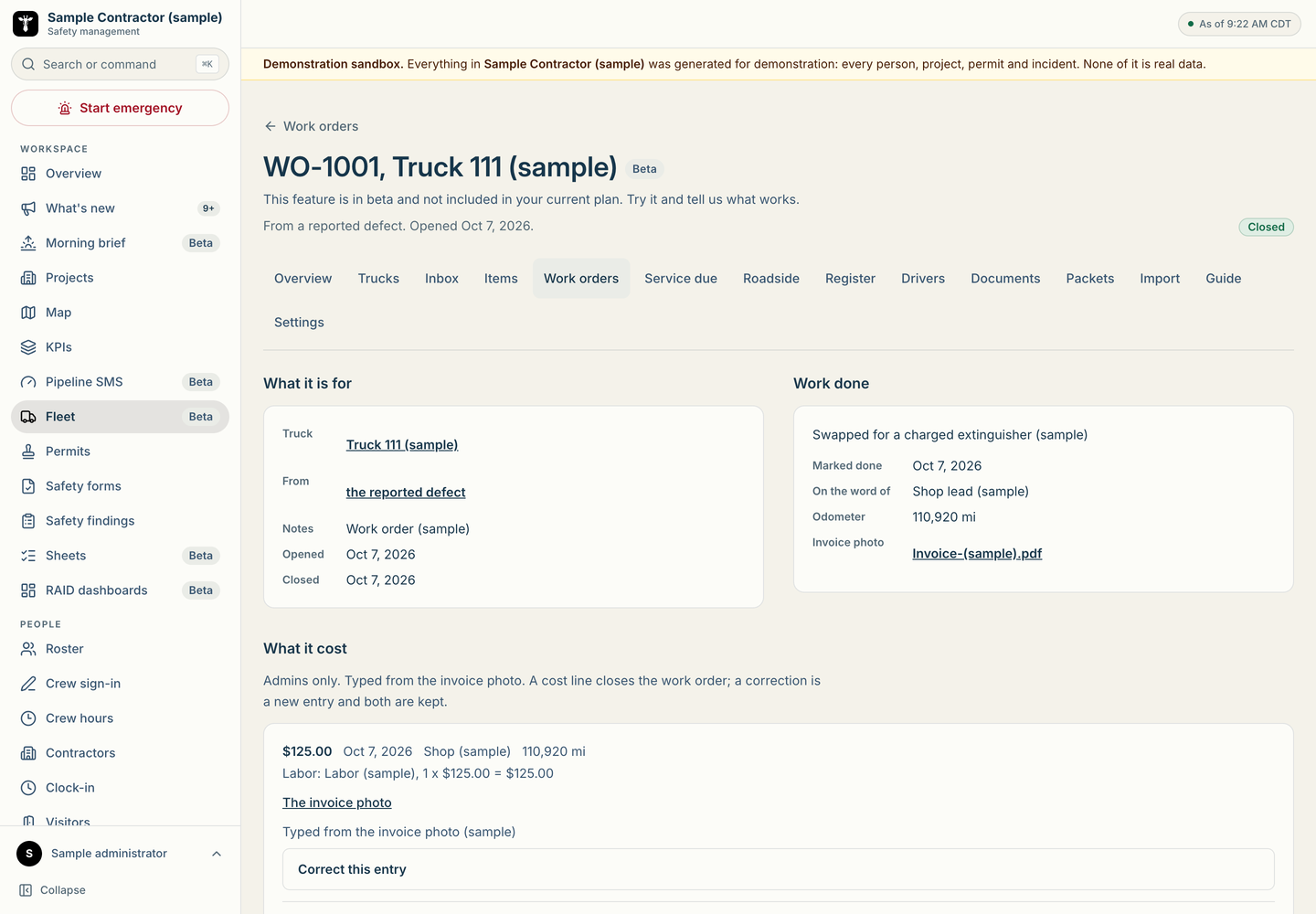 A completed sample repair, whose word it is on, and the recorded cost.