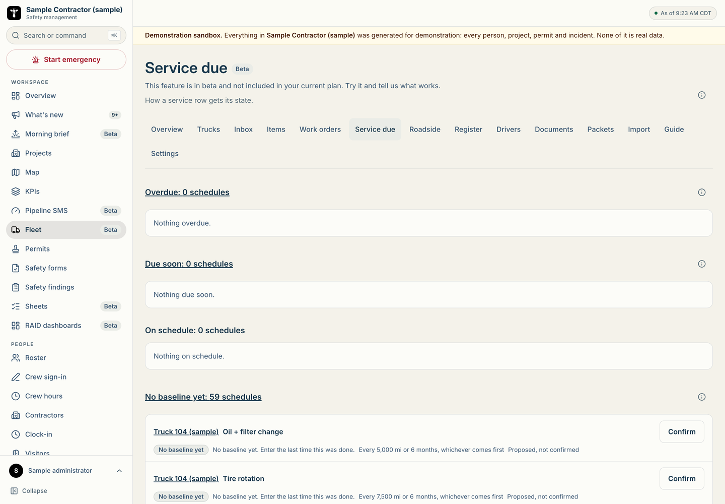 Sample service schedules by miles or months, awaiting a recorded baseline.