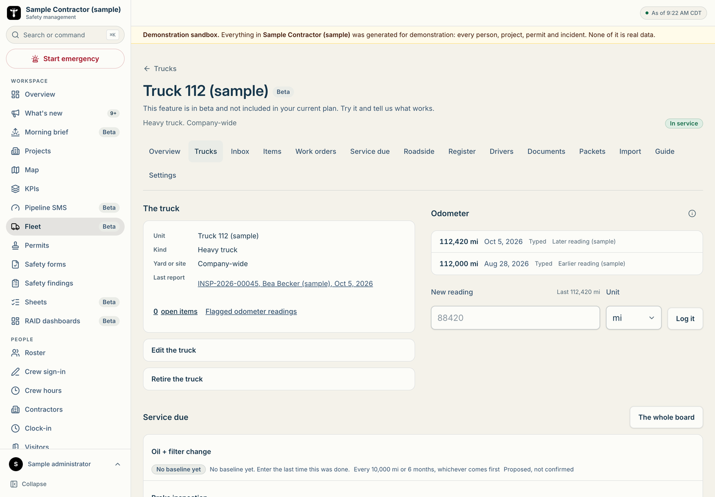 A sample truck with its last vehicle report and recorded odometer readings.