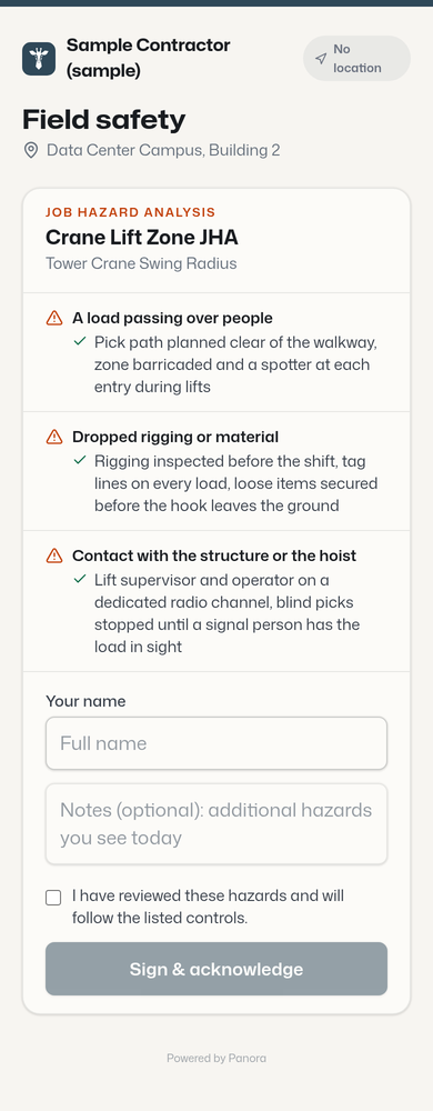 A zone's JHA on a worker's phone: three hazards each with a control, a name field, an optional notes field, an acknowledgment checkbox and a Sign & acknowledge button.