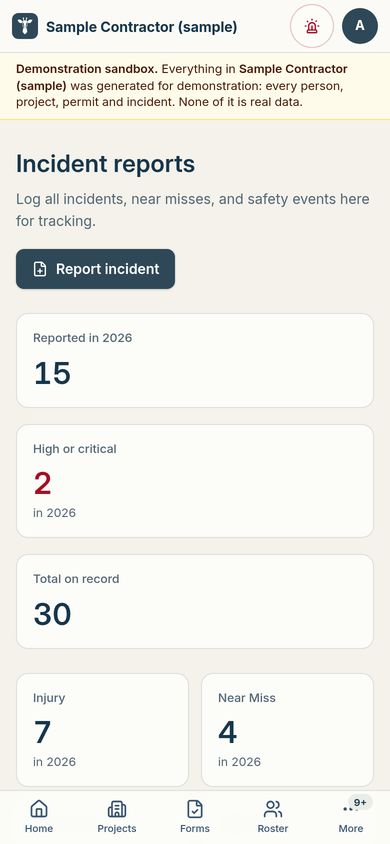 Incident reports on a phone: 15 reported in 2026, 2 high or critical, 30 on record, then counts for injuries and near misses.