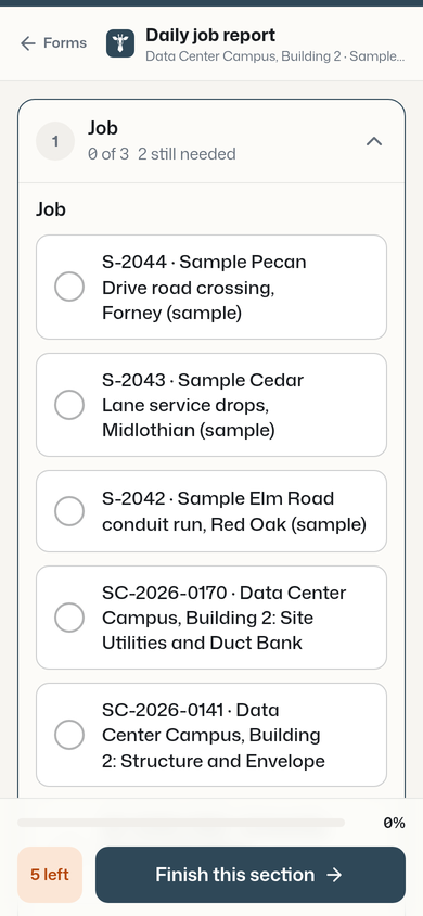 A daily job report on a phone. Its Job field lists open sample jobs, each led by its job number, and nothing is picked yet.