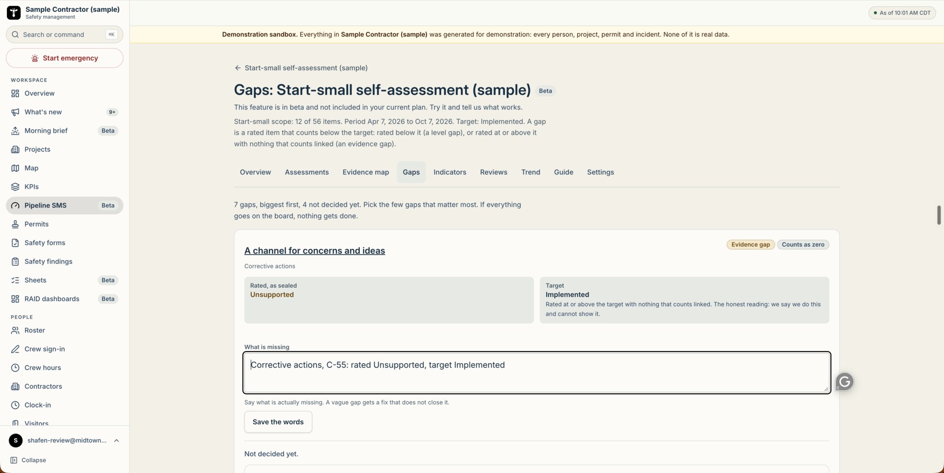The gaps page for a sealed self-assessment: seven gaps, biggest first, four not decided yet. The first gap is an evidence gap that counts as zero, with the rated level, the target, a plain description of what is missing, and the decision still open.