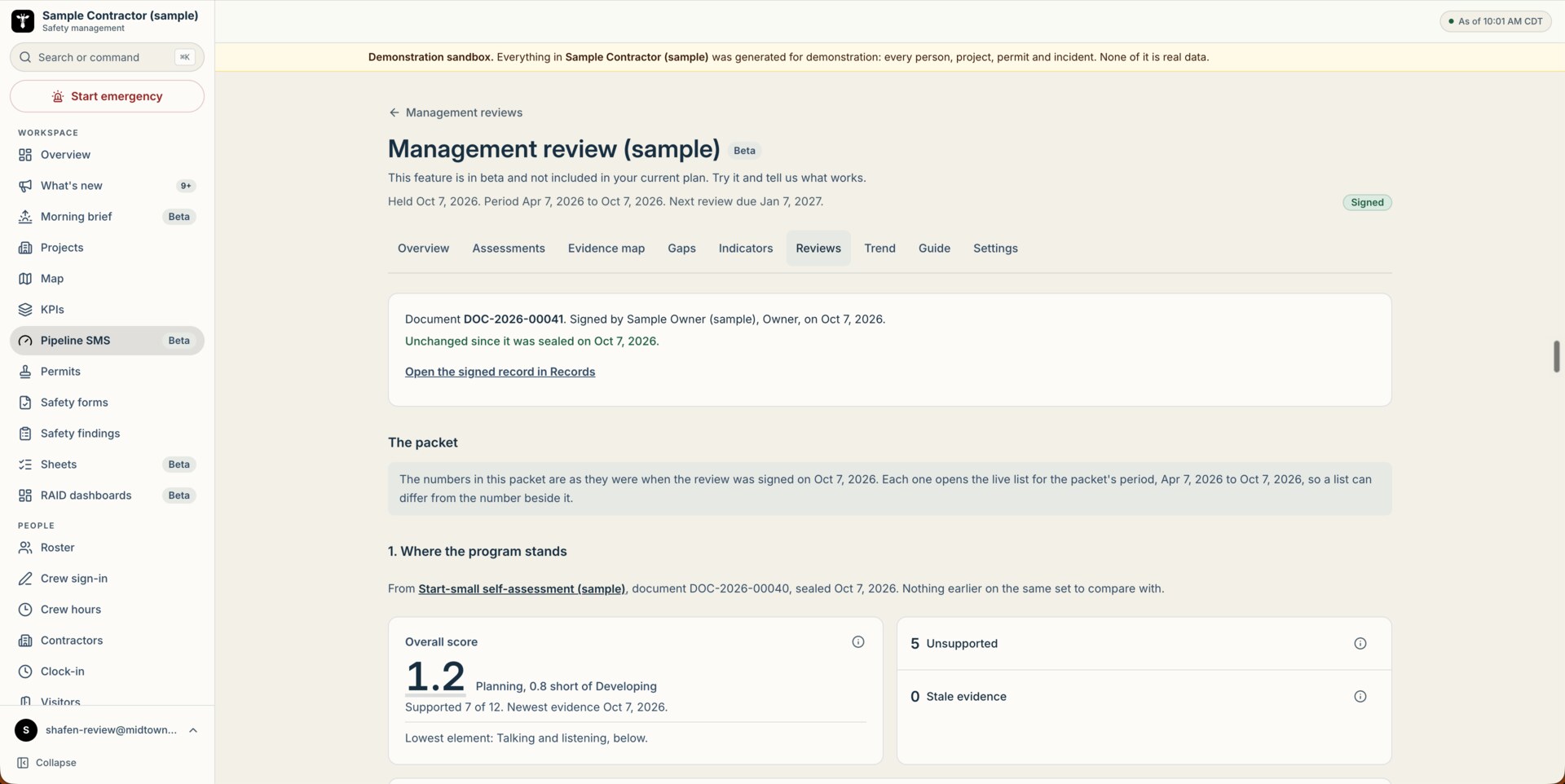 A signed management review in Pipeline SMS, document DOC-2026-00041, held and signed on the same day, next review due in three months. The packet notes that its numbers are as they were at signing, then shows where the program stands.