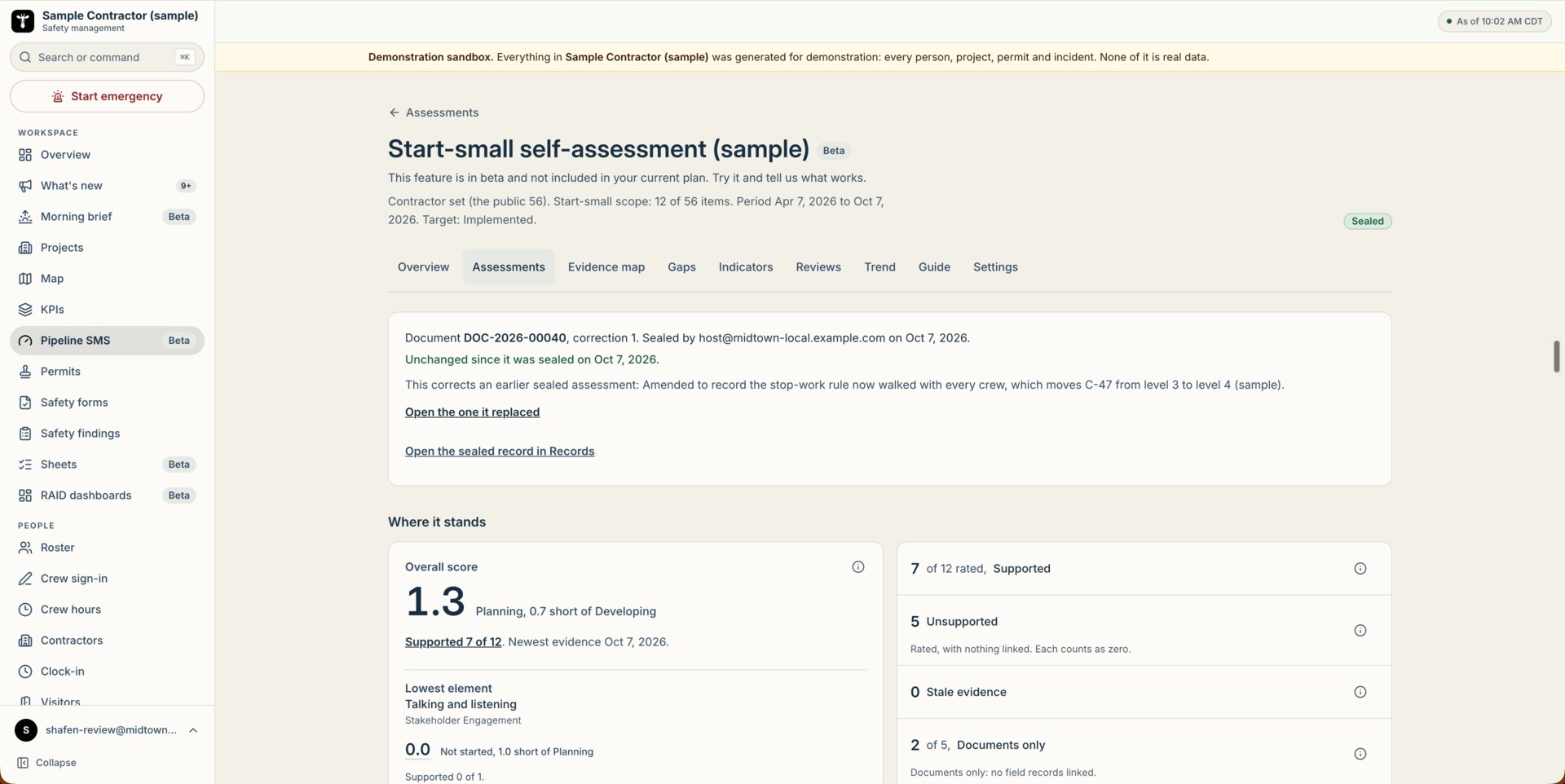 A sealed start-small self-assessment in Pipeline SMS, document DOC-2026-00040, correction 1, unchanged since it was sealed, with a link to the one it replaced and to the sealed record in Records.