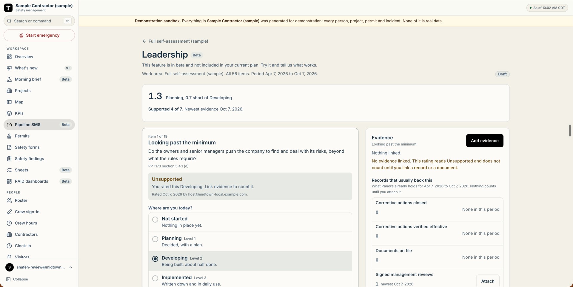 A Pipeline SMS working page for the Leadership element. Item 1 of 19 asks whether owners push the company to find and deal with its risks beyond what the rules require. It is rated Developing with nothing linked, so it reads Unsupported. The evidence panel lists records Panora holds for the period.