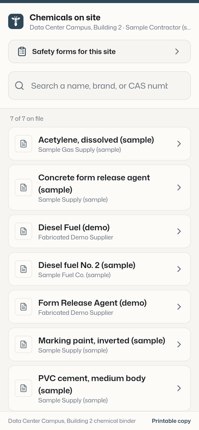 A site's chemical binder on a phone, opened without signing in: a search box and seven chemicals with their manufacturers.