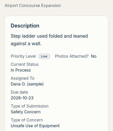 A sample safety finding on a phone: a step ladder used folded and leaned against a wall, priority Low, status In Process, a named owner, a due date, and the type of submission and concern.