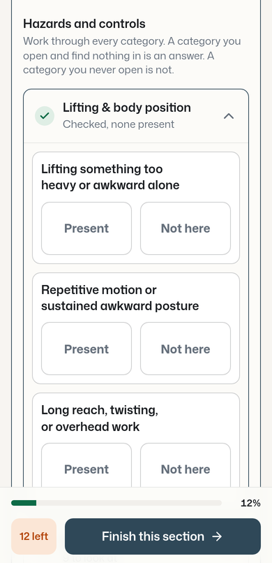 A job hazard analysis on a phone: the Hazards and controls section with one category open and three hazards, each answered Present or Not here.