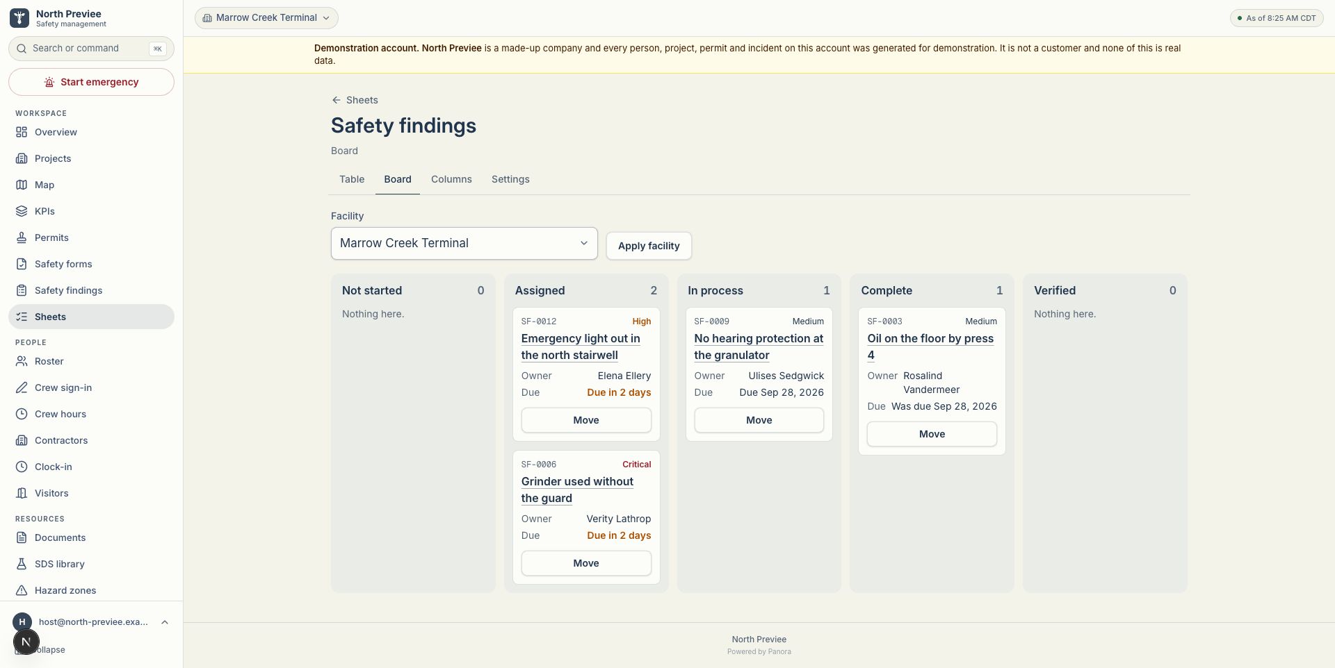 Sheets beta board with demonstration findings grouped into Not started, Assigned, In process, Complete and Verified columns.