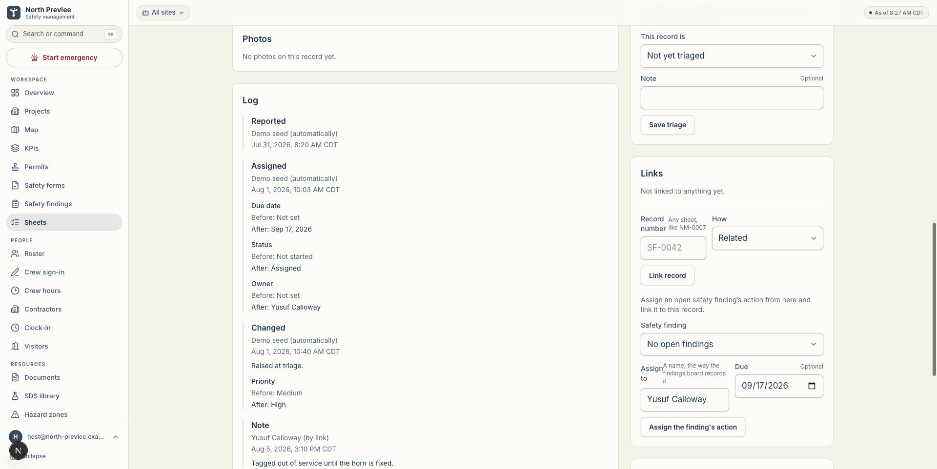 Sheets beta history showing a demonstration finding being reported, assigned, changed and given a follow-up note.