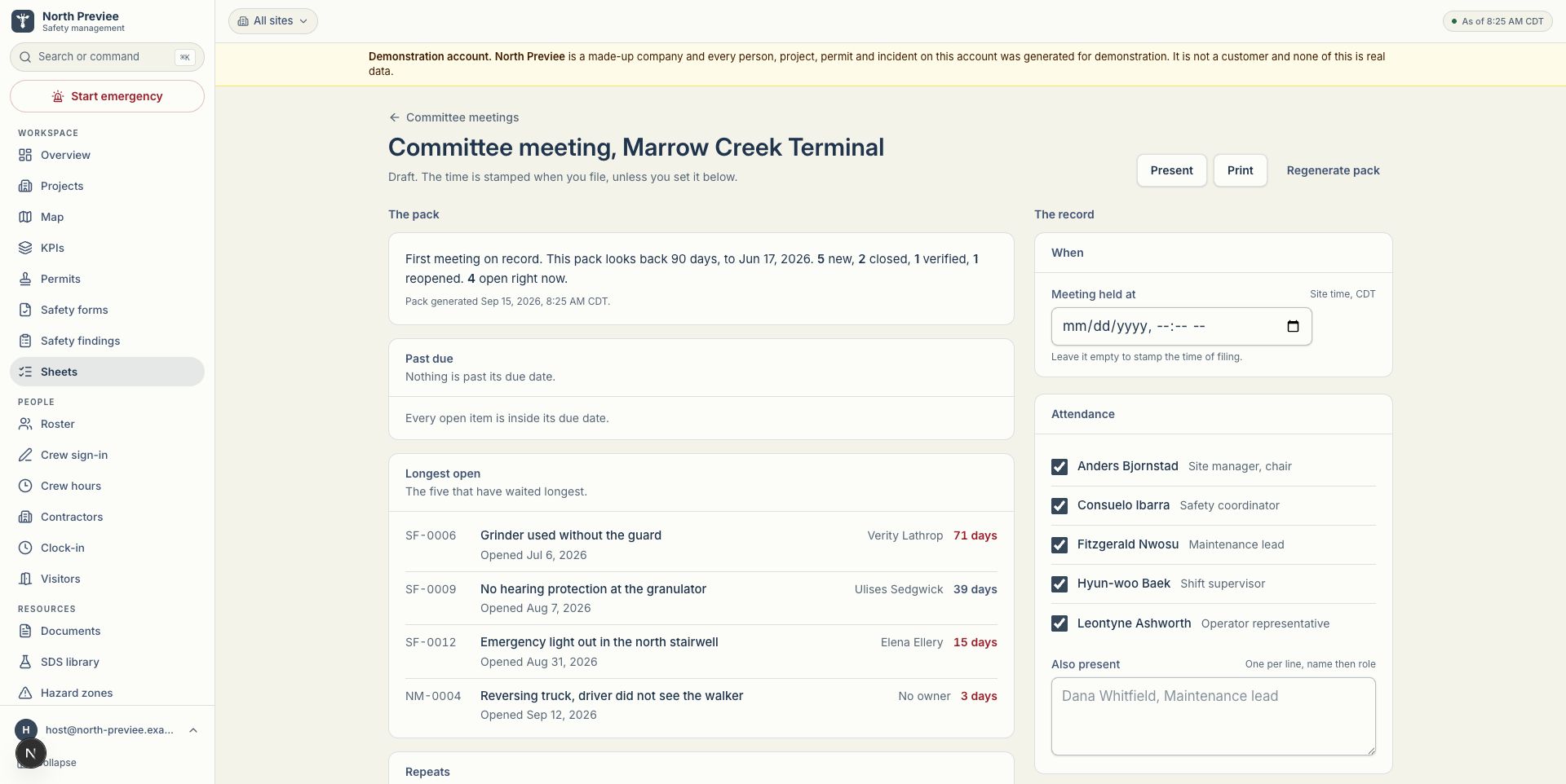 Sheets beta demonstration committee meeting pack with a summary, longest-open findings and attendance.