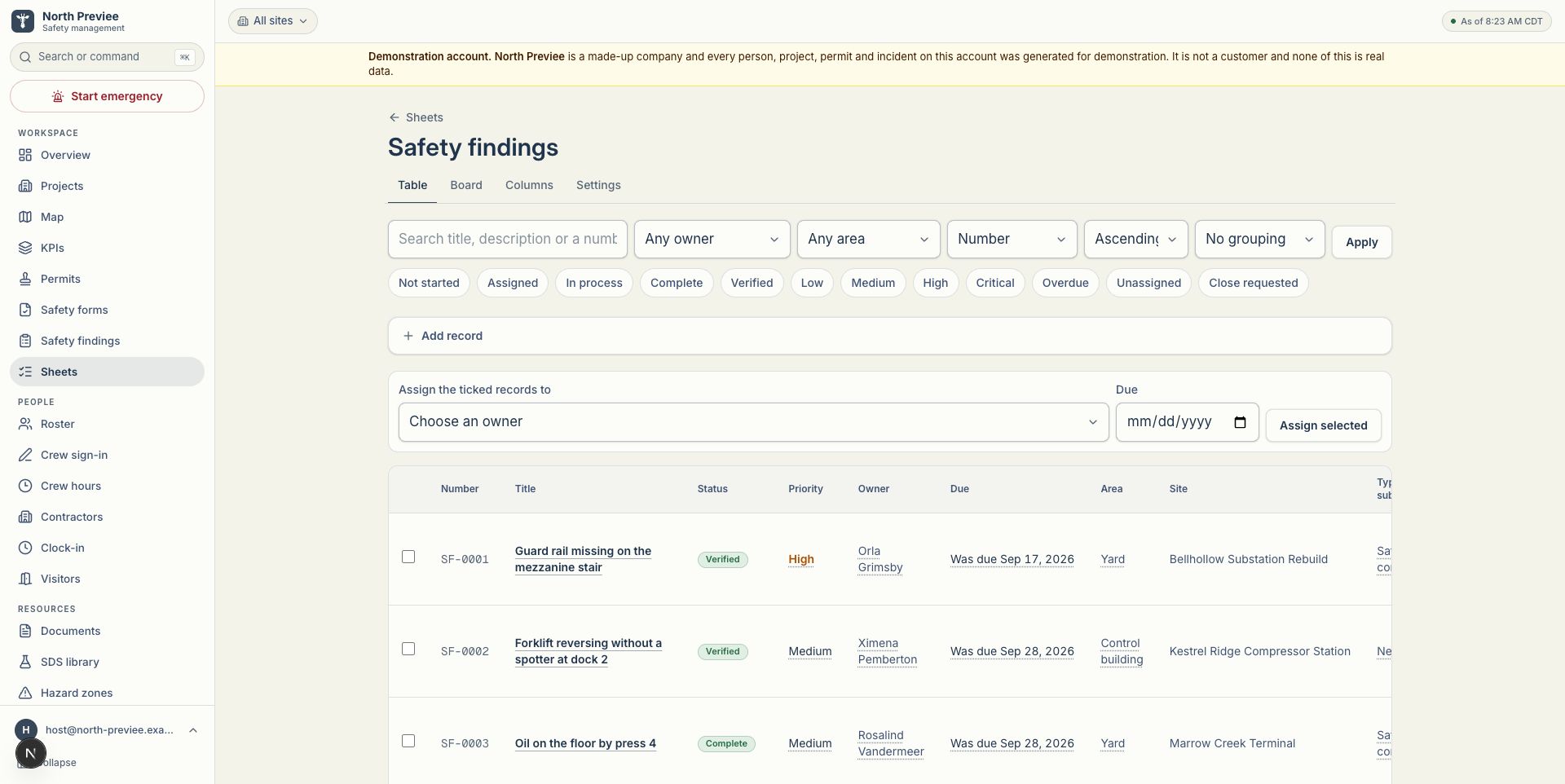 Panora Sheets with an example Safety findings sheet containing demonstration records.