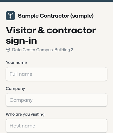 The visitor and contractor sign-in kiosk on a phone: fields for name, company and who they are visiting.